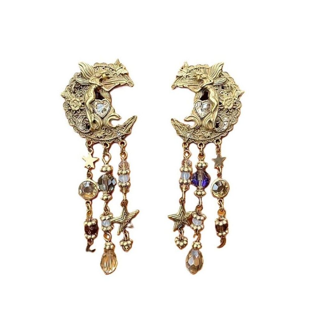 Fairycore Celestial Moon Star Dangle Pierced Earrings Gold Tone Crystals
